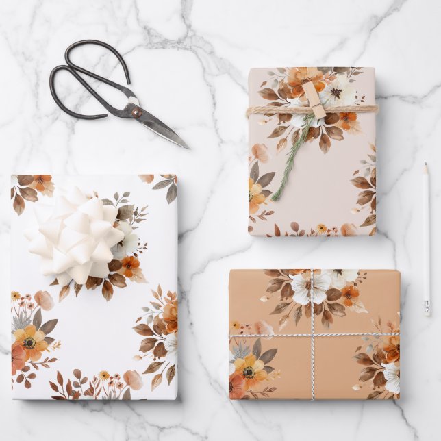 Watercolor Autumn Floral Gift Wrapping Paper (Front)