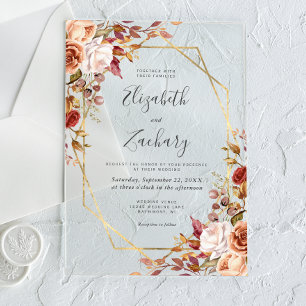 Watercolor Autumn Floral Gold Frame Wedding Acrylic Invitations
