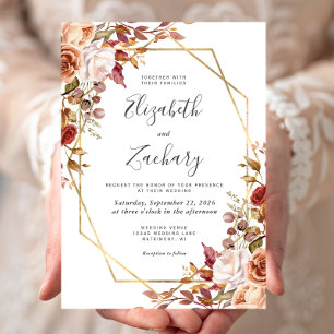 Watercolor Autumn Floral Gold Frame Wedding Invitation