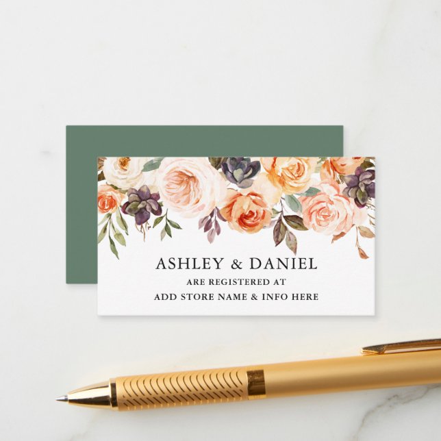 Watercolor Autumn Floral Green Wedding Registry Enclosure Card (Front/Back In Situ)