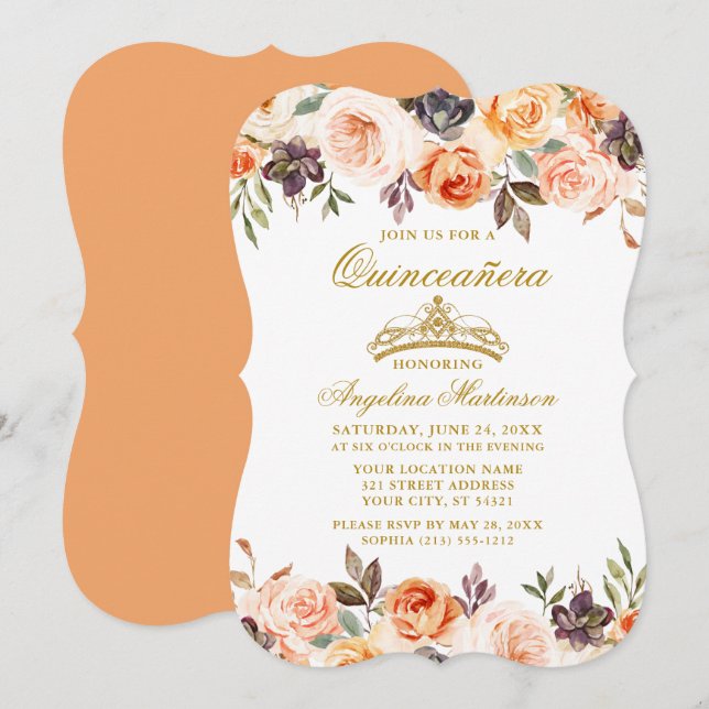 Watercolor Autumn Floral Peach Gold Quinceanera Invitation (Front/Back)