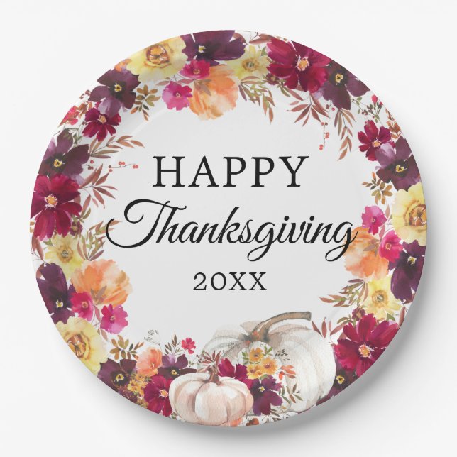 Watercolor Autumn Floral Pumpkin Thanksgiving Paper Plate (Front)