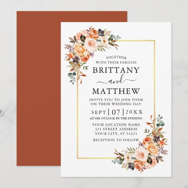 Watercolor Autumn Floral Wedding Gold Terracotta Invitation (Front/Back)