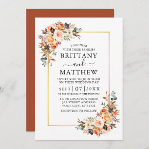 Watercolor Autumn Floral Wedding Gold Terracotta Invitation