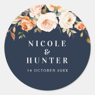 Watercolor autumn floral wedding navy blue classic round sticker