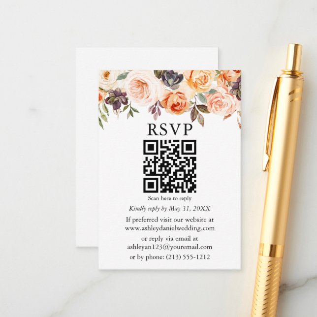 Watercolor Autumn Floral Wedding QR RSVP Enclosure Card (Front/Back In Situ)