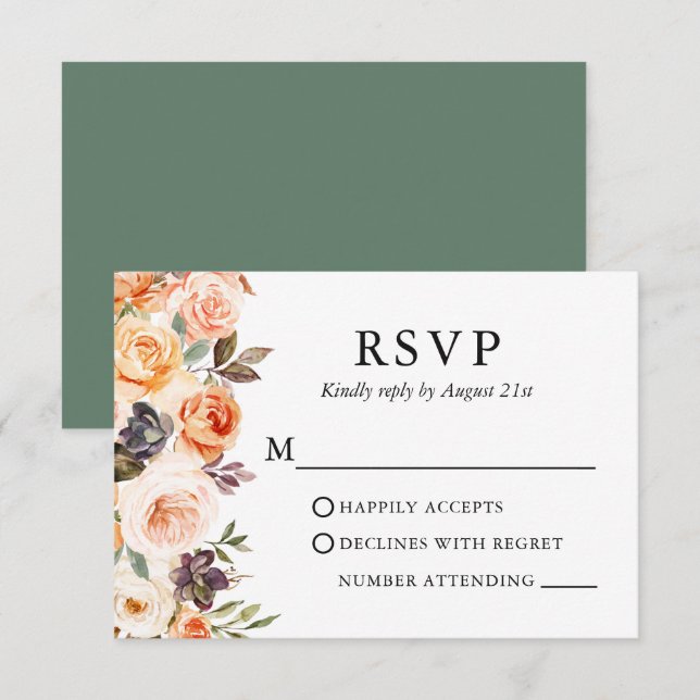 Watercolor Autumn Floral Wedding Sage Green RSVP Card (Front/Back)