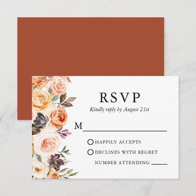 Watercolor Autumn Floral Wedding Terracotta RSVP Card (Front/Back)
