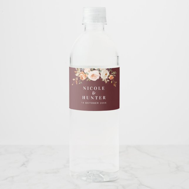 Watercolor autumn floral wedding water bottle label (Front)