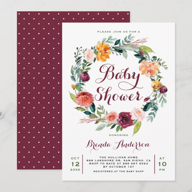 Watercolor Autumn Floral Wreath Baby Shower Invitation (Front/Back)