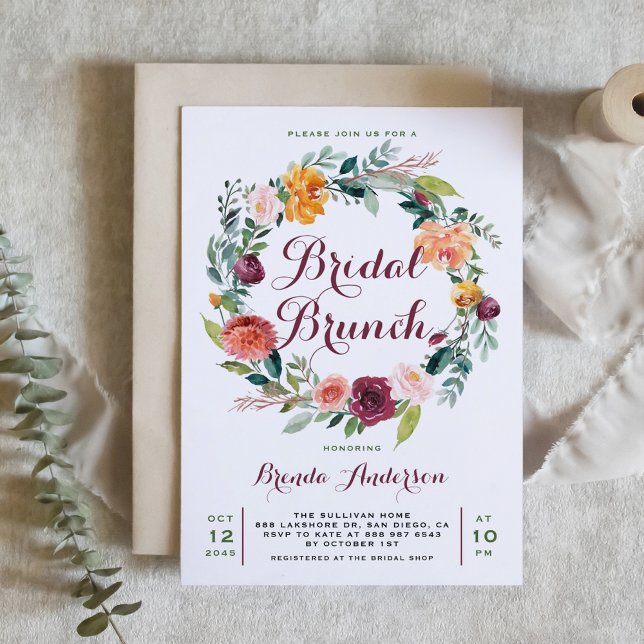 Watercolor Autumn Floral Wreath Bridal Brunch Invitation (Creator Uploaded)