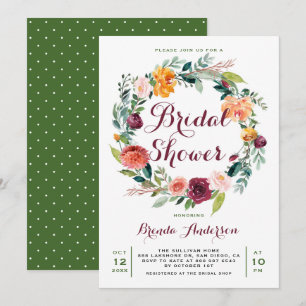 Watercolor Autumn Floral Wreath Bridal Shower Invitation