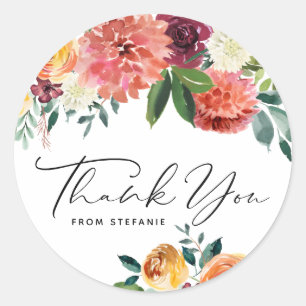 Watercolor Autumn Florals Bouquet Thank You Classic Round Sticker