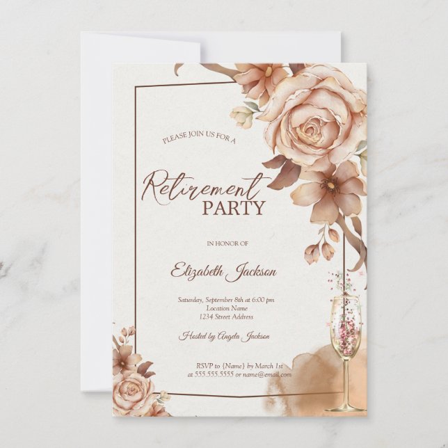Watercolor Autumn Flowers Champagne Retirement Invitation (Front)