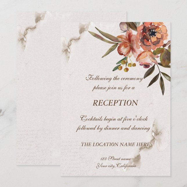 Watercolor Autumn Flowers Reception Invitation (Front/Back)