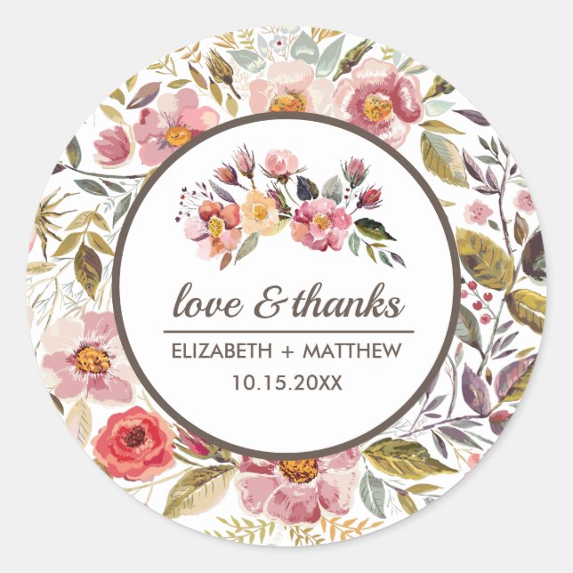 Watercolor Autumn Flowers Wedding  Classic Round Sticker (Front)