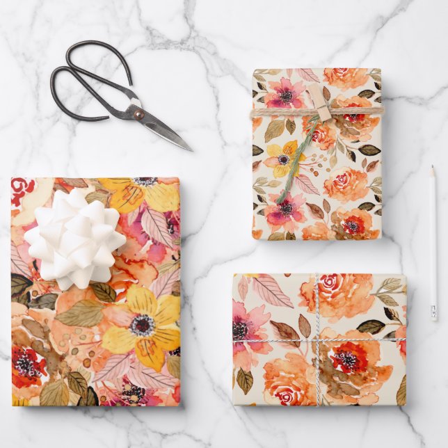 Watercolor Autumn Flowers Wrapping Paper Sheet (Front)