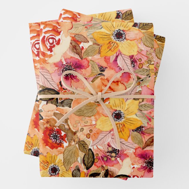 Watercolor Autumn Flowers Wrapping Paper Sheets (In situ)