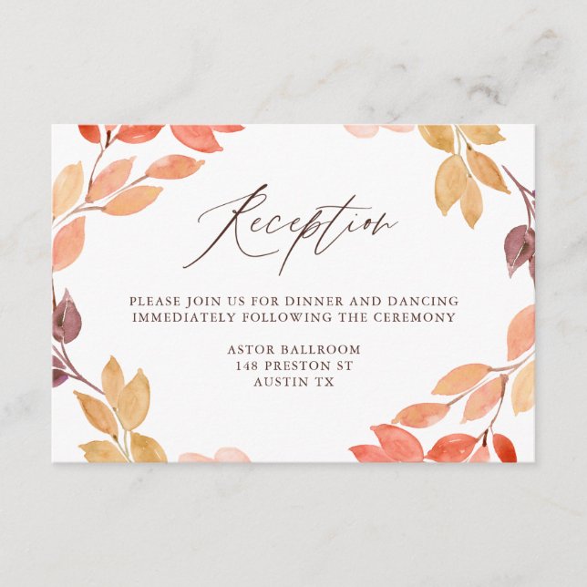 Watercolor Autumn Foliage Wedding Reception Enclosure Card (Front)