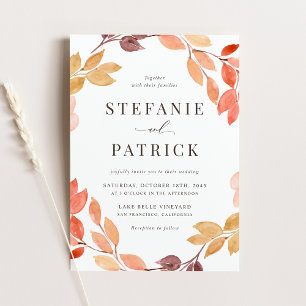 Watercolor Autumn Foliage Wreath Fall Wedding Invitation