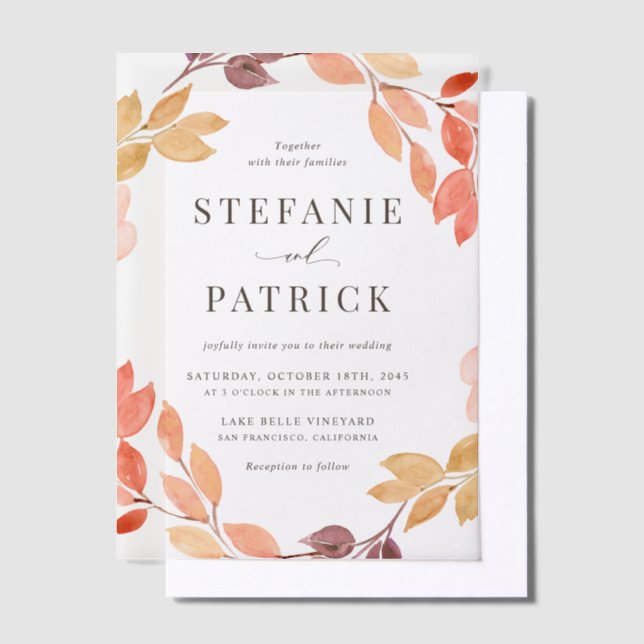 Watercolor Autumn Foliage Wreath Fall Wedding Vellum Invitations (Offset)