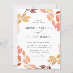 Watercolor Autumn Foliage Wreath Wedding Invitation