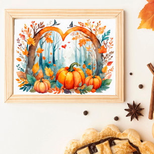 Watercolor autumn forest pumpkin in heart  poster