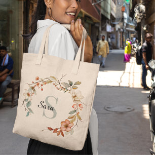 Watercolor Autumn Garden Monogram Canvas Tote Bag