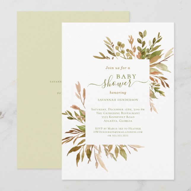 Watercolor Autumn Greenery Baby Shower  Invitation (Front/Back)