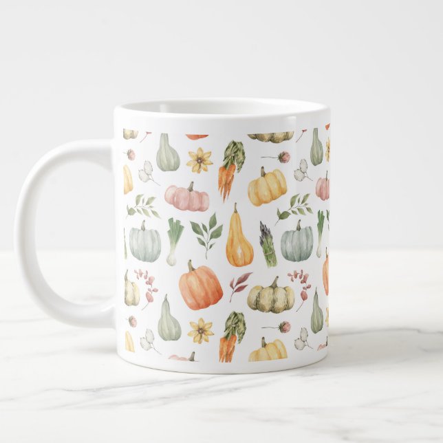 Watercolor Autumn Harvest Pattern Large Coffee Mug (Left)