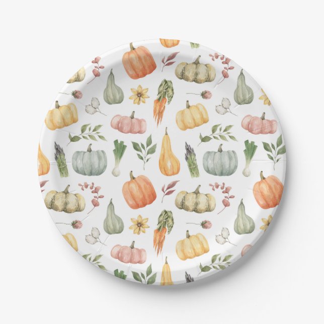 Watercolor Autumn Harvest Pattern Paper Plate (Front)