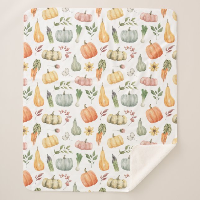 Watercolor Autumn Harvest Pattern Sherpa Blanket (Front)