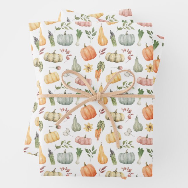 Watercolor Autumn Harvest Pattern Wrapping Paper Sheet (In situ)