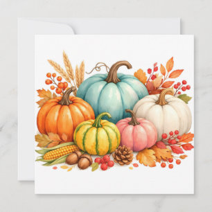 Watercolor Autumn Harvest - Pumpkins and Berries Holiday Card
