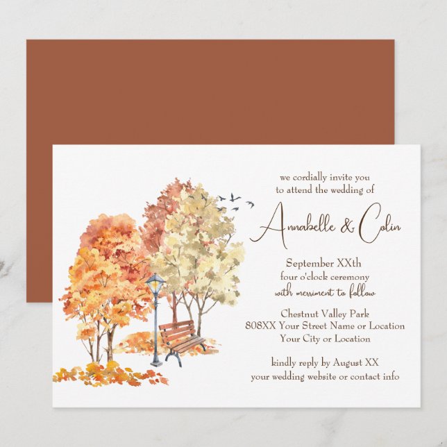Watercolor Autumn in the Park Wedding Invitation (Front/Back)
