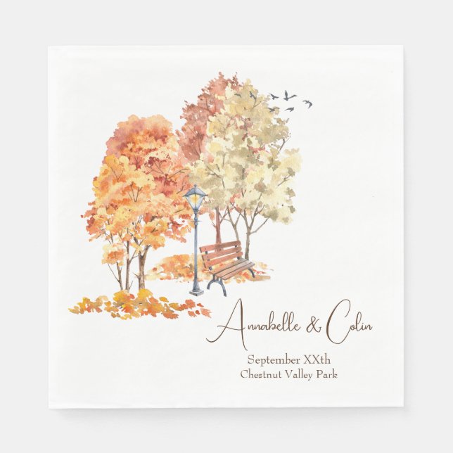 Watercolor Autumn in the Park Wedding Napkin (Front)