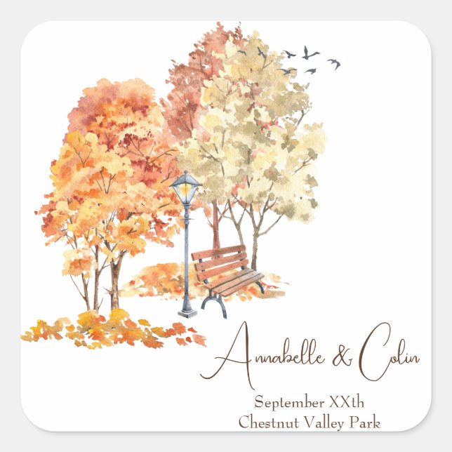 Watercolor Autumn in the Park Wedding Square Sticker (Front)