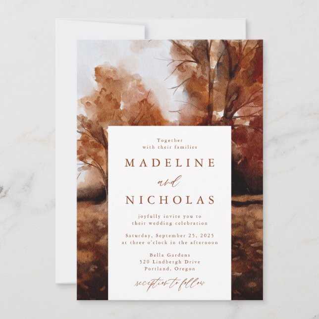 Watercolor Autumn Landscape Fall Wedding Invitation (Front)