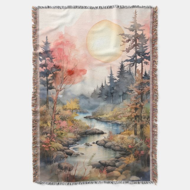 Watercolor Autumn Landscape Throw Blanket (Front Vertical)