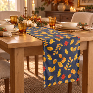 Watercolor Autumn Leaf Pattern Navy Blue Fall Short Table Runner