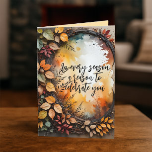 Watercolor Autumn Leaf Wreath Fall Birthday Card