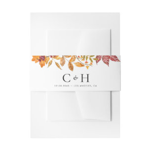 Watercolor Autumn Leave Garland Wedding Monogram Invitation Belly Band