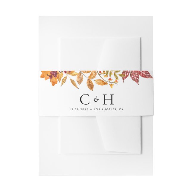 Watercolor Autumn Leave Garland Wedding Monogram Invitation Belly Band (Front Example)