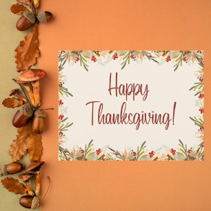 Watercolor Autumn Leaves and Berries Thanksgiving Holiday Postcard