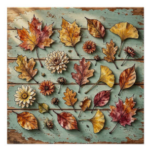 Watercolor Autumn Leaves and Wood Rustic Fall Art Poster