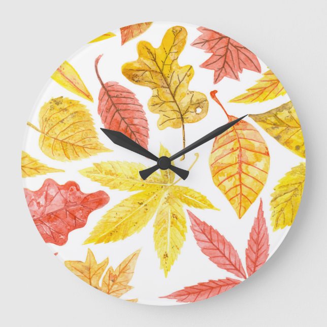 Watercolor autumn leaves, colourful pattern. large clock (Front)