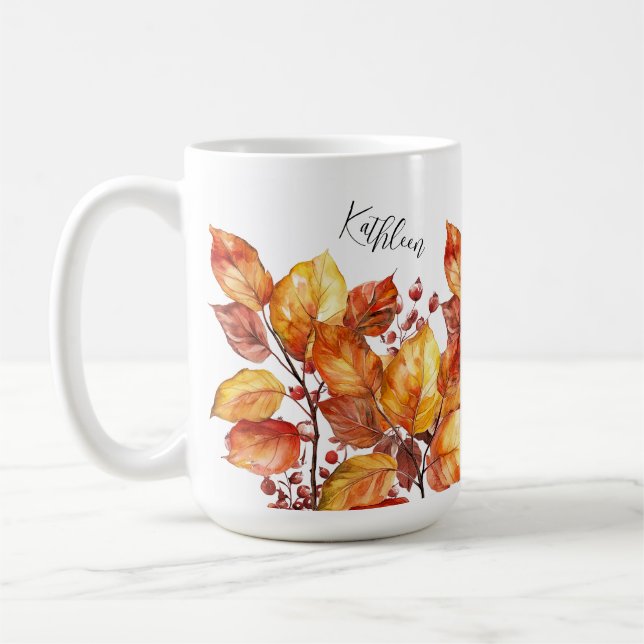 watercolor autumn leaves design coffee mug (Left)