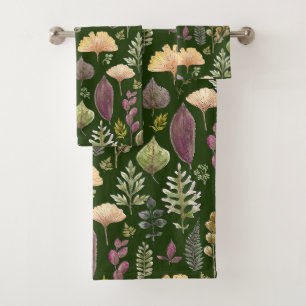 Watercolor Autumn Leaves Forest Green Bath Towel Set