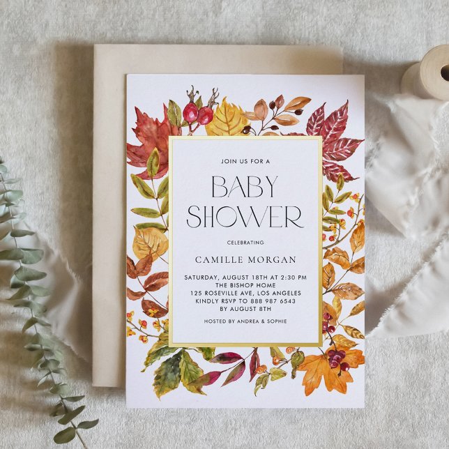 Watercolor Autumn Leaves Frame Fall Baby Shower (Customizable Gold Foil Autumn Baby Shower Invitation with Watercolor Foliage Frame)
