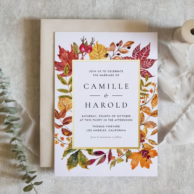 Watercolor Autumn Leaves Frame Fall Wedding (Customizable Autumn Wedding Gold Foil Invitation with Watercolor Fall Foliage Frame)